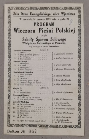 /program-ticket/ School of Solo Singing by Wł. Potemski in Poznań - showcase, 1923