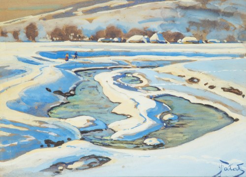 Julian Fałat (1853 Tuligłowy - 1929 Bystra), Pejzaż zimowy z meandrującą rzeką, ok. 1920 r.