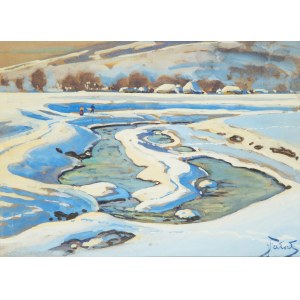 Julian Fałat (1853 Tuligłowy - 1929 Bystra), Winter landscape with meandering river, circa 1920.
