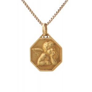 Medalion z aniołkiem, l. 40. XX w. z łańcuszkiem