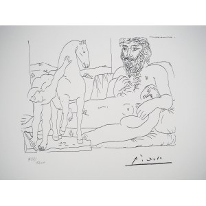 Pablo Picasso(1881-1973),sochař a jeho model s vyřezávanou postavou trenéra koní
