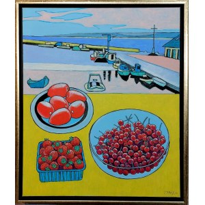 Czeslaw Tumielewicz, Stilleben mit Tomaten, Erdbeeren und Kirschen im Hafen von Kuznetsk, 2023,
