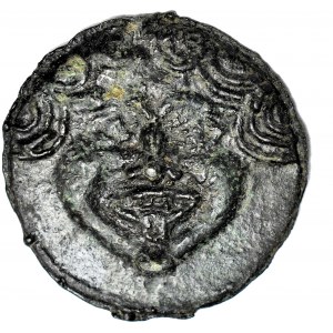 Grecja, Olbia, AE-69, V w. pne, głowa Gorgony / ptak łapiący delfina