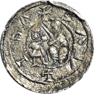 RR-, W. II Wygnaniec 1138-1146, Denar Kraków, Walka z lwem, CZTEROKROPEK pomiędzy, LDILAVS+