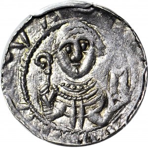 RRR-, W. II Wygnaniec 1138-1146, Denar, książę w HEŁMIE - gładka tarcza, biskup, menniczy