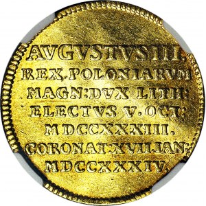 RRR-, August III Sas, 2 dukaty koronacyjne 1734 w złocie, Drezno, Raczyński notuje tylko w srebrze, Kahnt c.a.
