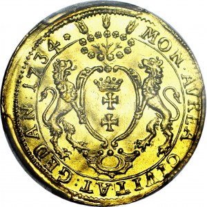 RRR- August III Sas, Dukat 1734, Gdańsk / Królewiec, ORYGINALNE BICIE 1734 (nie odbitka z 1764), TRZECI ZNANY EGZEMPLARZ, R8?