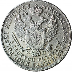 R-, Królestwo Polskie, Aleksander I, 5 złotych 1829 FH, piękne
