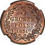 Powstanie Listopadowe, 3 grosze 1831, WYŚMIENITE, kolor RB !!!!!