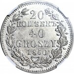 R-, Zabór Rosyjski, 40 groszy = 20 kopiejek 1850 MW, Warszawa, pojedyncza kokarda