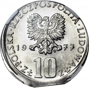 R-, 10 złotych 1977, B. Prus, PODWÓJNY DESTRUKT, niecentryczne bicie i końcówka blachy