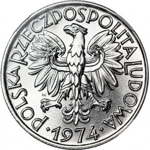 R-, 5 złotych 1974 Rybak, DESTRUKT, SKRĘTKA 80 stopni, rzadkie