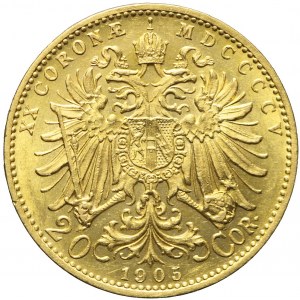 Austria, Franciszek Józef I, 20 koron 1905, Wiedeń, bardzo ładne
