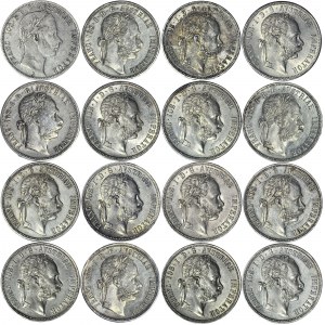 Austria, Franciszek Józef, Zestaw szesnastu monet srebrnych 1 floren