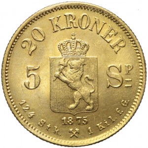 Norwegia, Oskar II, 20 koron (5 Speciedaler) 1875, piękne