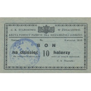 Galicja, Żydaczów - C. K. Starostwo, Akcja pomocy państw dla niezamożnej ludności, 10 halerzy, 04.1918