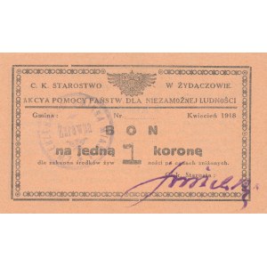 Galicja, Żydaczów - C. K. Starostwo, Akcja pomocy państw dla niezamożnej ludności, 1 korona 04.1918