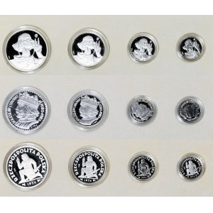 3 zestawy Replik prób monet II RP, Mennica Polska, srebro 925