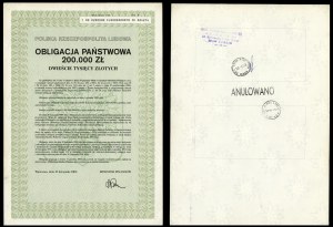 Polska Rzeczpospolita Ludowa (1952-1989), obligacja na 200.000 złotych, 10.11.1989