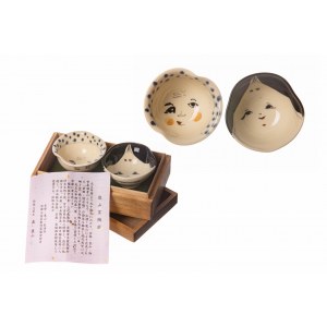 Sake drinking bowls for two Hyottoko and Otafuku