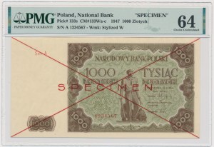 1.000 Oro 1947 - SPECIMEN - A 1234567 - PMG 64