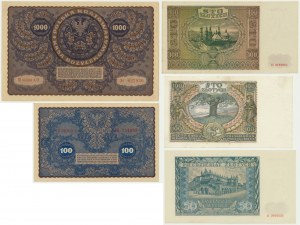 Zestaw, 10-1.000 marek/złotych 1919-1941 (5 szt.)
