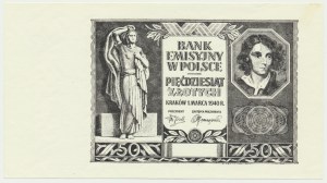 50 złotych 1940 - czarnodruk na papierze PWPW - rewers czysty -