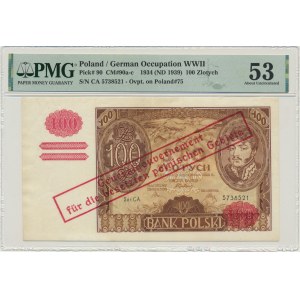 100 zlatých 1934 - Sér. C.A. - falešný přetisk okupace - PMG 53
