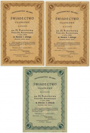 Emprunt d'Etat à 5% pour la conversion 1924, certificat fractionnaire £1-3 (3 pièces).