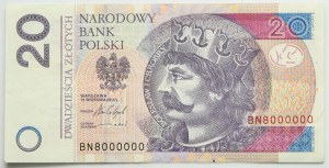 20 złotych 2016 - BN 8000000 - numer milionowy