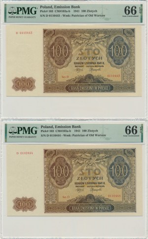 Sada, 100 zlatých 1941 - D - PMG 66 EPQ (2 ks) - pořadová čísla