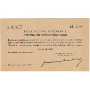 Asygnacja Kontrybucyjna 5 złotych 1943