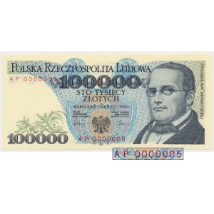 100.000 złotych 1990 - niski numer - AP 0000005