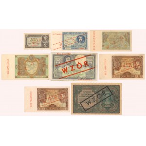 Zestaw banknotów II RP z powojennymi nadrukami WZÓR (8szt)