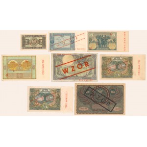 Zestaw banknotów II RP z powojennymi nadrukami WZÓR (8szt)