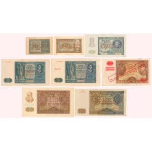 Zestaw banknotów okupacyjnych z późniejszymi nadrukami: WERTLOS, FALSCH...(8szt)