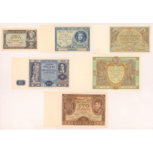 Zestaw banknotów 2 - 100 złotych 1929-1936 (6szt)