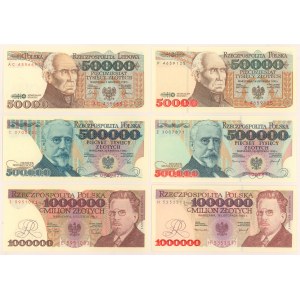 50.000, 500.000 i 1 mln złotych 1989-1993 - zestaw (6szt)