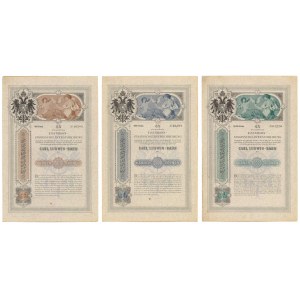 Kolej Karola Ludwika, 400, 2.000 i 10.000 koron 1902 (3szt)