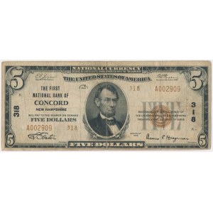 USA, 5 dollars 1929, National Currency, Concord, New Hampshire #318