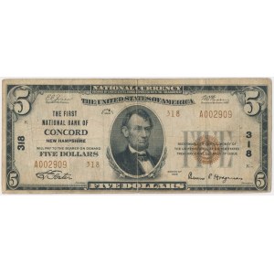 USA, 5 Dollars 1929, National Currency, Concord, New Hampshire #318