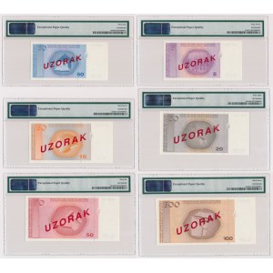 Bosnia and Herzegovina, 50 Convertible Pfeniga - 100 Maraka (1998), Serbian issue SPECIMEN set 6 pcs