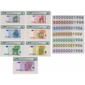 EU, 5-500 Euro 2002 - S (Italy) All with no. 00000001906 (7pcs)
