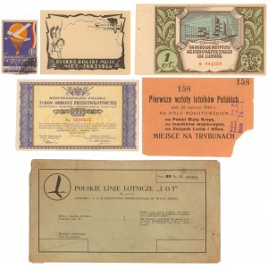 Lotnictwo, bilet PLL LOT z 1935 r., cegiełki, itp. (6szt)