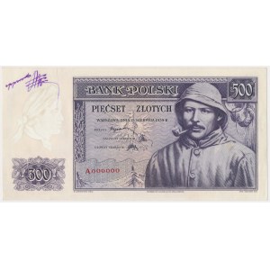 Londyn, 500 złotych 1939 - A 000000 - poddruk fioletowy - znak wodny od 20 złotych