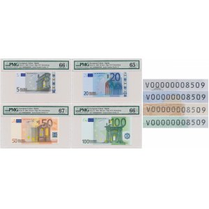 EU, Set 5-100 Euro 2002 V (Spain). All with no. 00000008509 (4pcs)