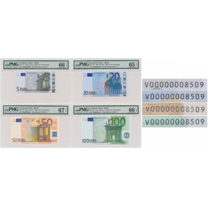 Unia Europejska, 5-100 euro 2002 - V (Hiszpania) - IDENTYCZNE, NISKIE NUMERY (4szt)