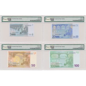 EU, Set 5-100 Euro 2002 V (Spain). All with no. 00000008509 (4pcs)