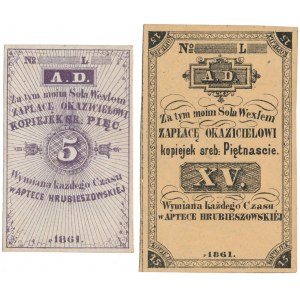 Hrubieszów, APTEKA, 5 i 15 kopiejek 1861 - blankiety (2szt)