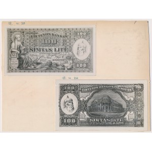 Lithuania, PHOTOGRAPHIC PROOF of ISSUED 100 Litu 1928 (face & back)